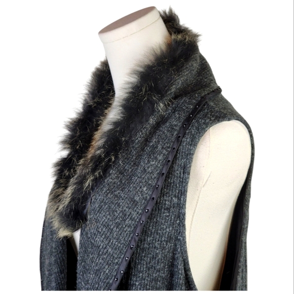 Simon Chang Rare Gray Knit Vest w/ Genuine Fox Fur Collar & Studs Size XL - Picture 2 of 9